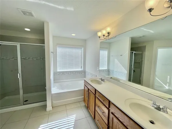 a bathroom with a double vanity sink mirror and shower