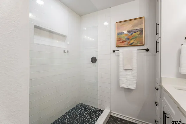 a bathroom with a shower and a sink