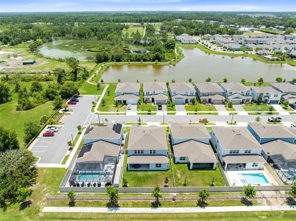 an aerial view of residential houses with outdoor space