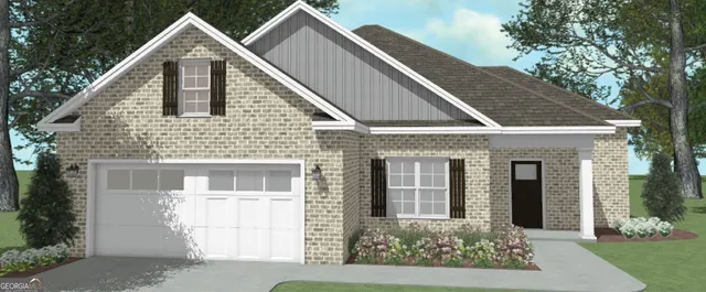 a view of a brick house with a yard