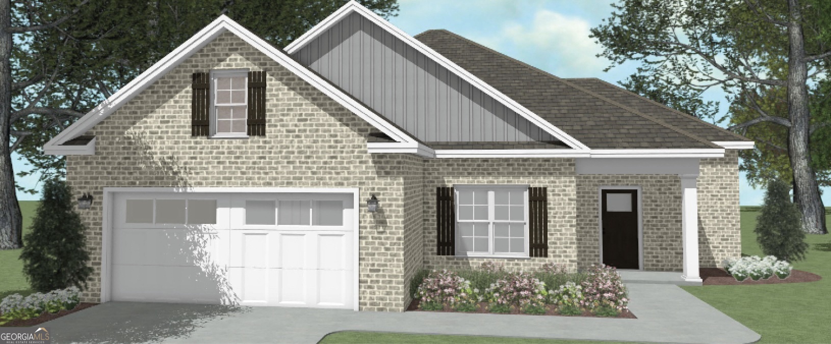 a view of a brick house with a yard