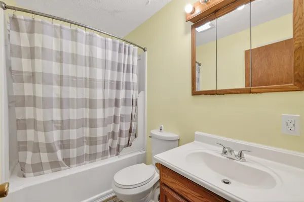 a bathroom with a sink a toilet and shower curtain