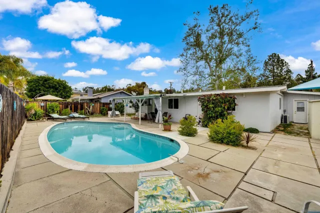 a backyard of a house with table and chairs