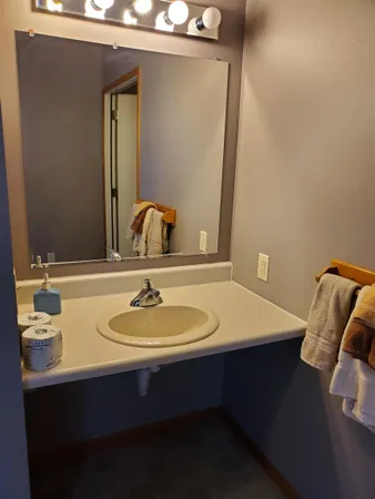 a bathroom with a sink and a mirror