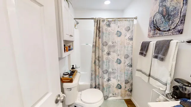 a bathroom with a toilet and a shower curtain