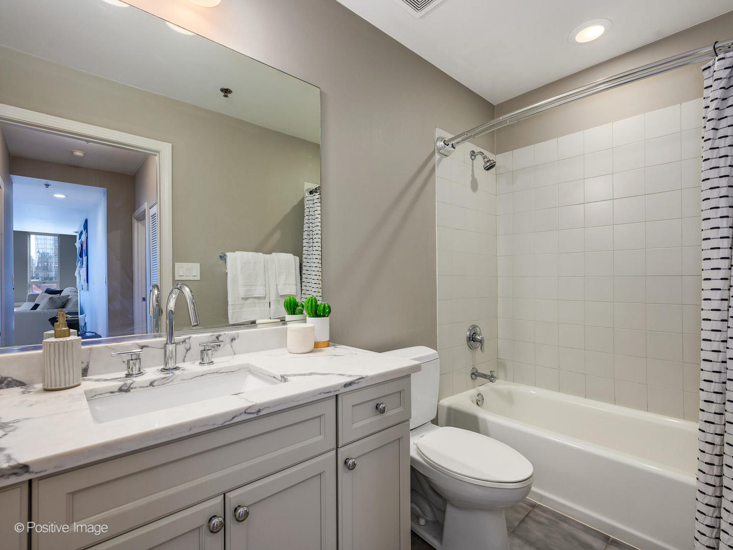 1250 South Michigan Avenue, Unit 910 Chicago, IL 60605 - Photo 17 of 26 a bathroom with a granite countertop sink a toilet a mirror a bathtub and shower
