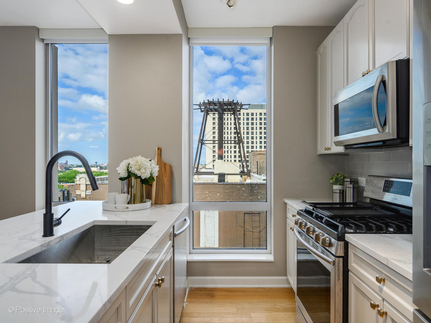 1250 South Michigan Avenue, Unit 910 Chicago, IL 60605 - Photo 9 of 26 a kitchen with stainless steel appliances granite countertop a sink stove and cabinets