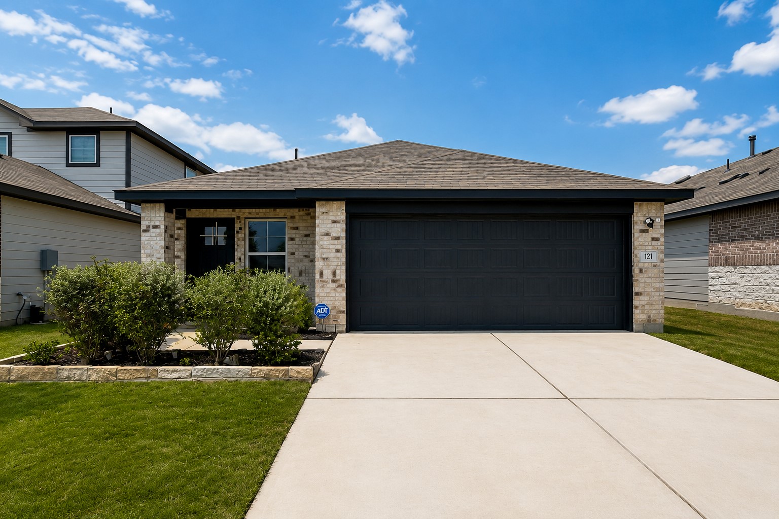 121 Santa Rosa Lane Buda, TX 78610 - Photo 1 of 13 A welcoming facade showcases brick accents, a dark garage door, and neat landscaping.