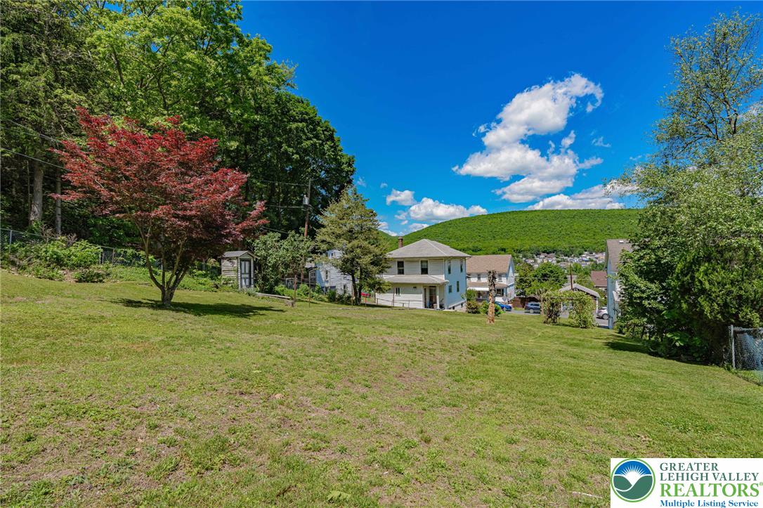 159 West Ridge Street Nesquehoning, PA 18240 - Photo 40 of 55 A spacious, verdant lot with a distant residential view, framed by mature trees and a bright blue sky.