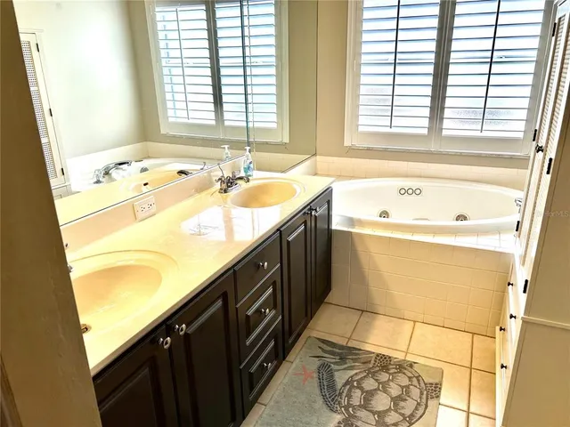 a bathroom with a tub sink and mirror