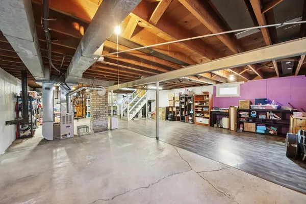 a view of a garage with storage