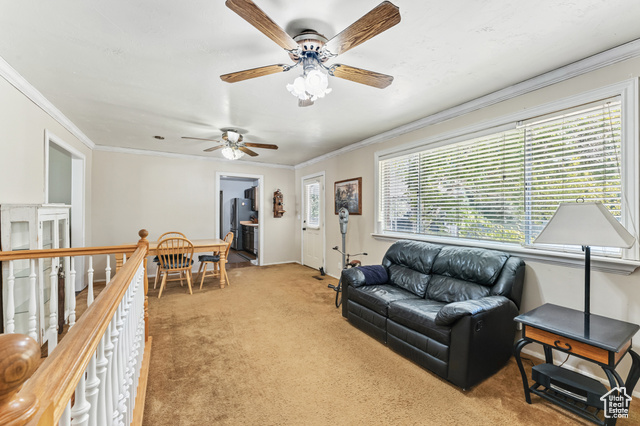 8843 Capernaum Road West Jordan, UT 84088 - Photo 9 of 31 Carpeted living area with ornamental molding and a ceiling fan