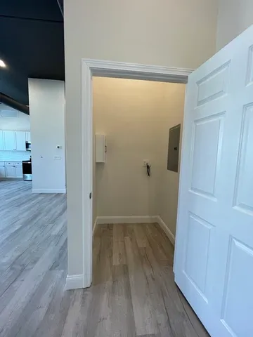 a view of a hallway with wooden floor and closet area