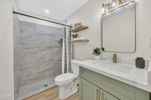 a bathroom with a sink a toilet and shower