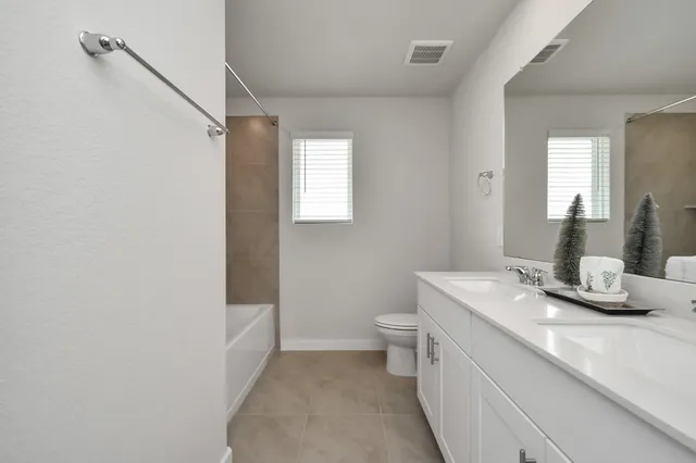 a bathroom with a double vanity sink toilet and a mirror