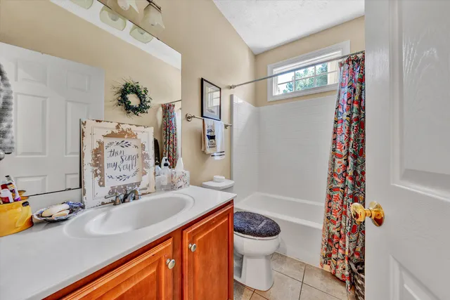 a bathroom with a sink a toilet and shower curtain
