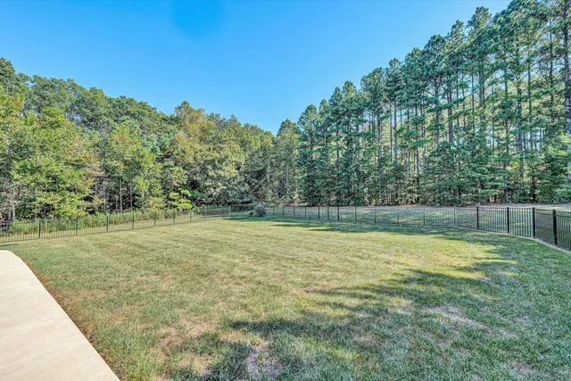 a view of a field with trees in the background