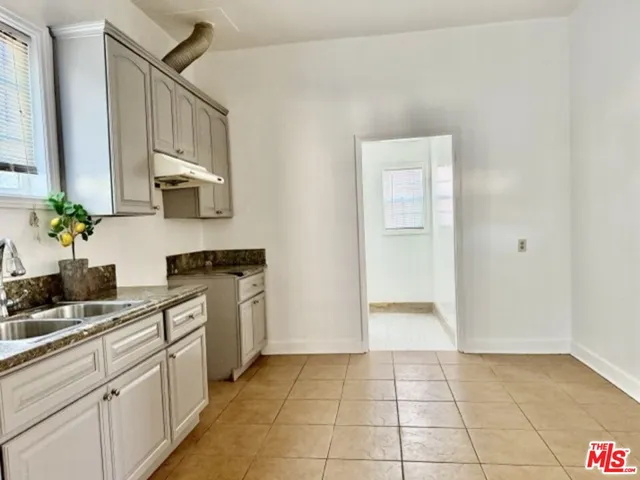 a kitchen with a sink a stove cabinets and a potted plant