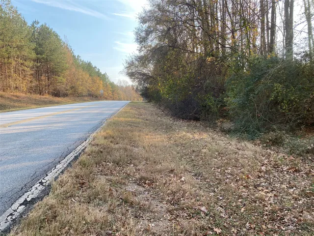 a view of a yard with large trees