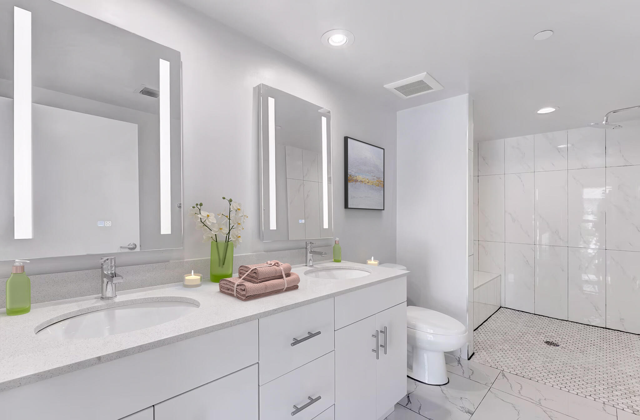 350 West Hidden Valley Boulevard, Unit 201 Boca Raton, FL 33487 - Photo 13 of 33 a bathroom with a double vanity sink toilet and shower