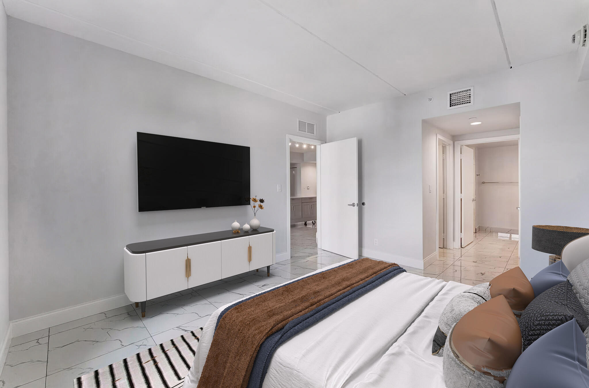 350 West Hidden Valley Boulevard, Unit 201 Boca Raton, FL 33487 - Photo 16 of 33 a bedroom with a bed and a flat screen tv