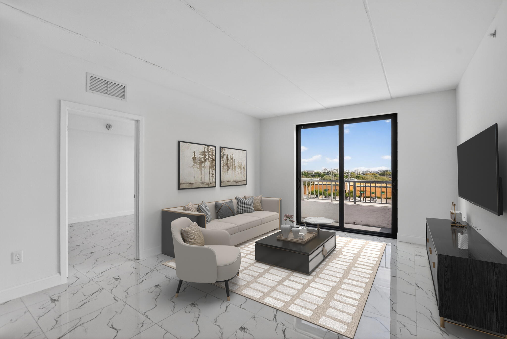 350 West Hidden Valley Boulevard, Unit 201 Boca Raton, FL 33487 - Photo 5 of 33 a living room with furniture and a flat screen tv