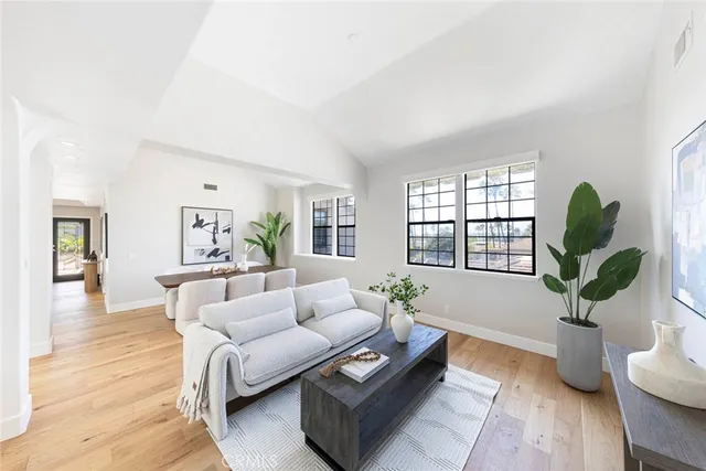 a living room with furniture potted plant and window