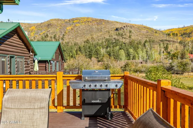 a view of a balcony with wooden floor and iron stairs