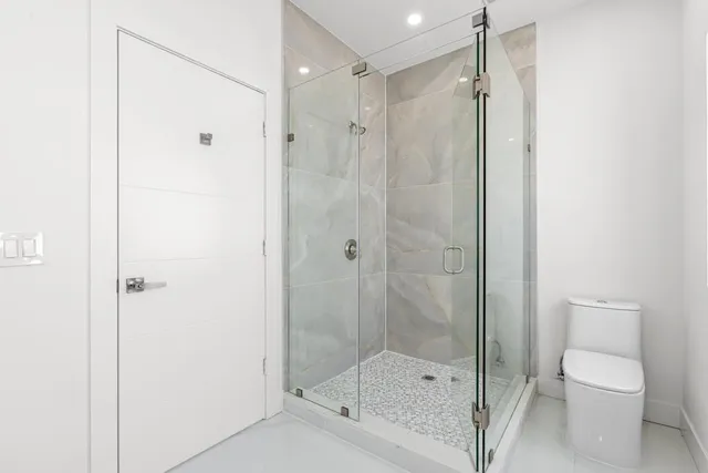 a bathroom with a shower and a toilet
