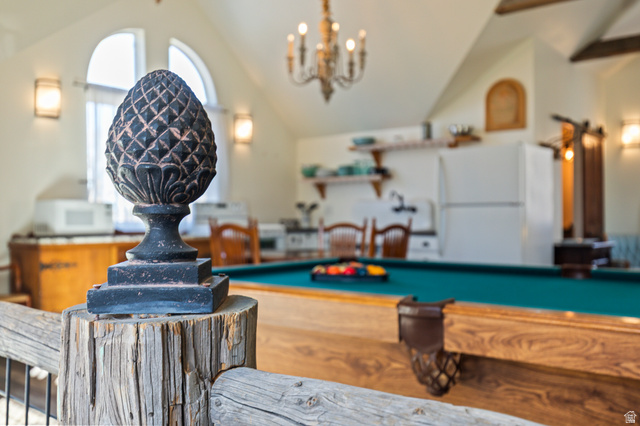 390 North 100 West Monroe, UT 84754 - Photo 142 of 167 Recreation room with lofted ceiling, billiards table, and a chandelier