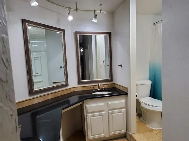 a bathroom with a sink a toilet and a mirror