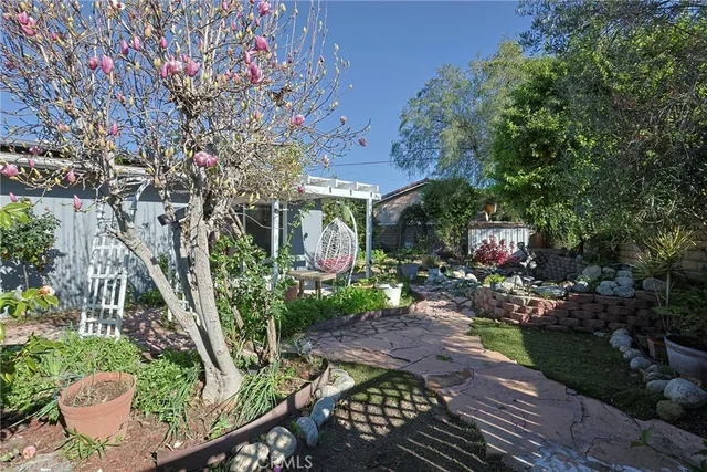 a garden view with a seating space