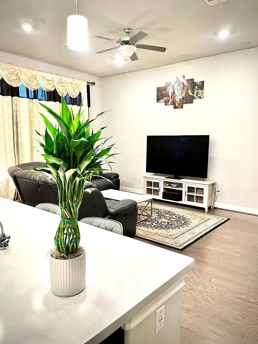 4221 Borho Ranch Street Leander, TX 78641 - Photo 2 of 16 The property features a spacious living area with hardwood flooring, recessed lighting, and a ceiling fan