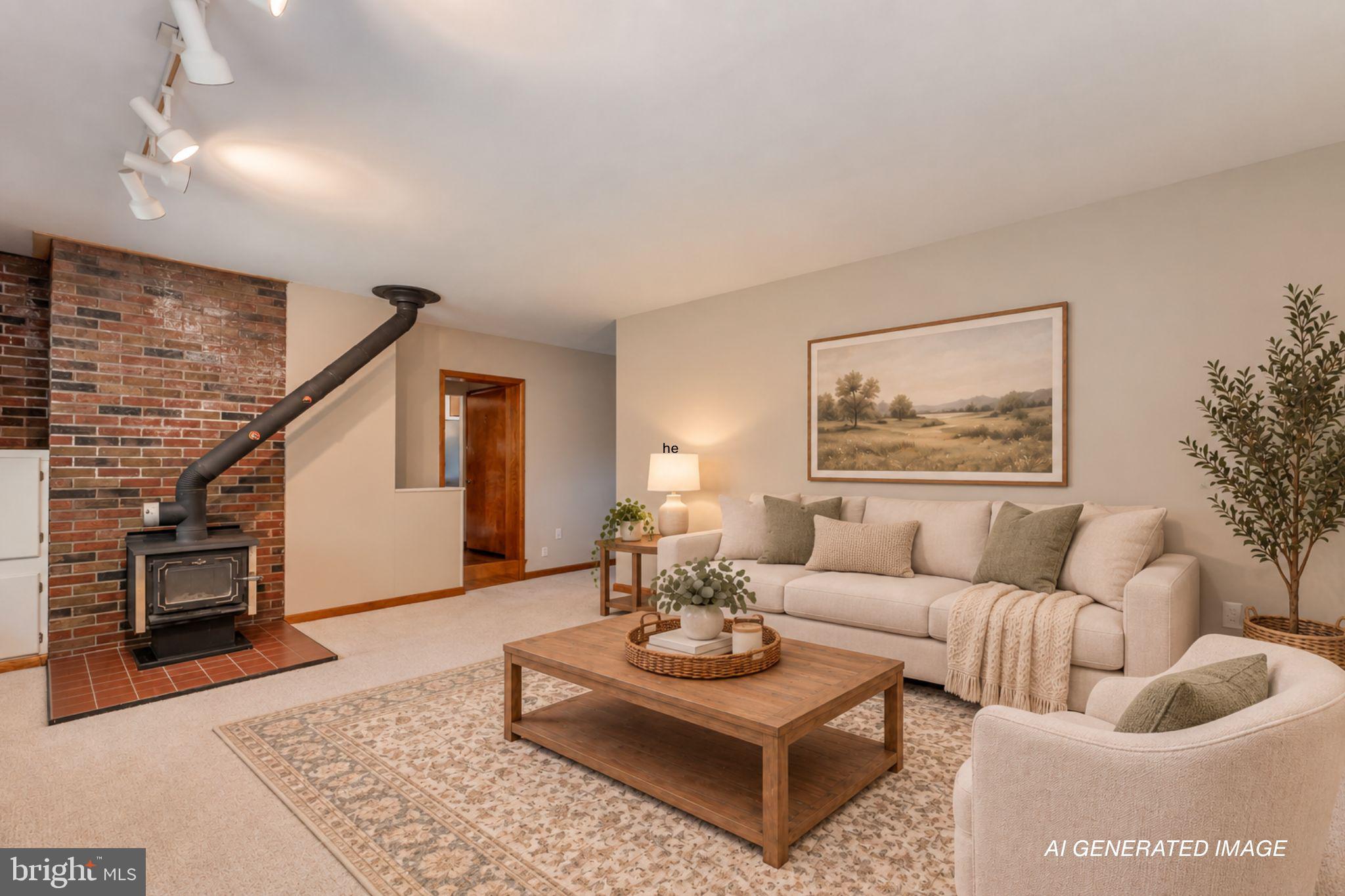 1404 Highpoint Road Coopersburg, PA 18036 - Photo 13 of 86 Large family room w/ wood stove (AI staged)