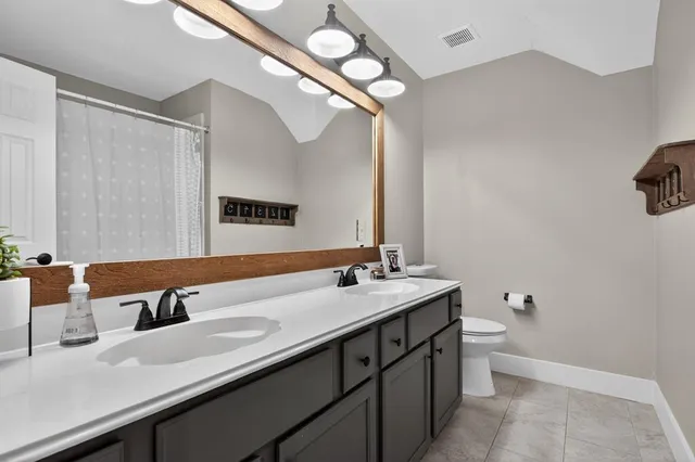 a bathroom with a sink a toilet and a mirror