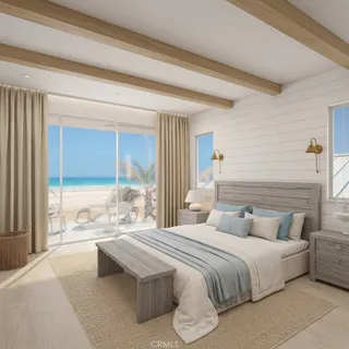 a bedroom with a bed and large glass window