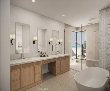 a spacious bathroom with a double vanity sink mirror and double