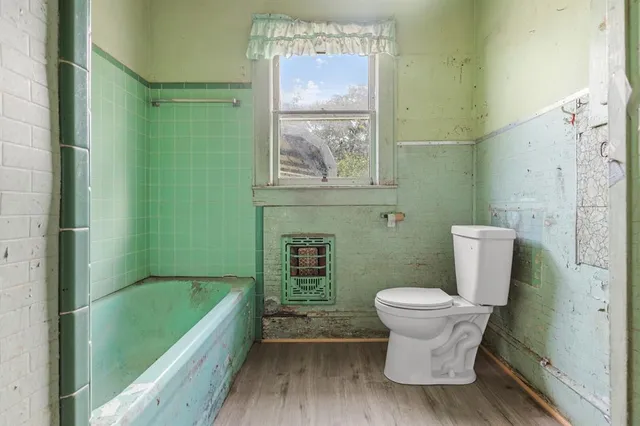a bathroom with a toilet and a bathtub