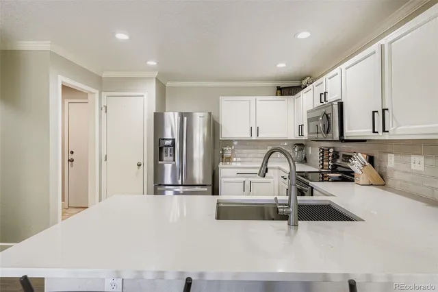 a kitchen with stainless steel appliances granite countertop a sink and a refrigerator