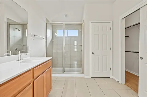a bathroom with a sink a shower and a mirror