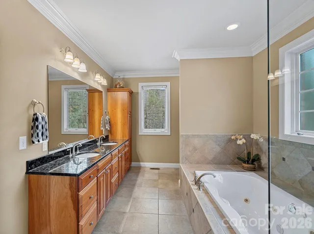 a bathroom with a granite countertop double vanity sink a large mirror a toilet and a shower