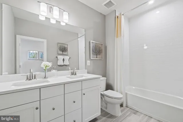 a bathroom with a toilet a sink a mirror a bathtub and vanity