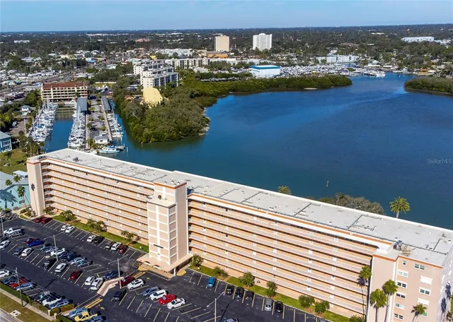 a view of a lake with a city view