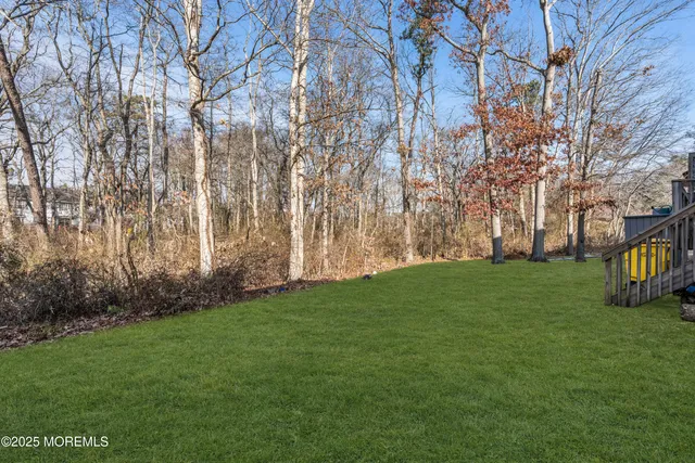 a view of a yard with large trees