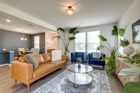 a living room with furniture and a potted plant
