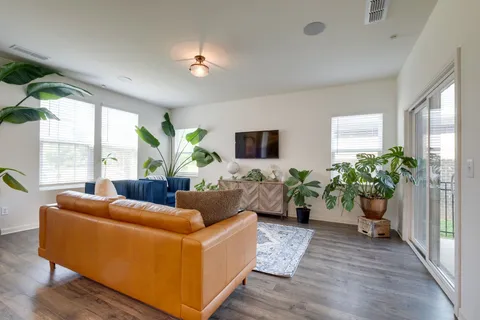 a living room with furniture and a potted plant
