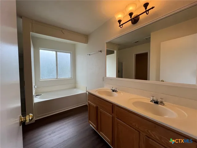 a bathroom with a double vanity sink a mirror and a bathtub