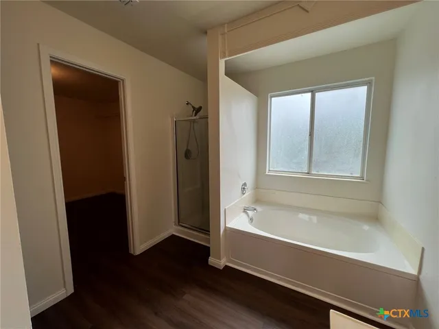 a bathroom with a bathtub and a shower