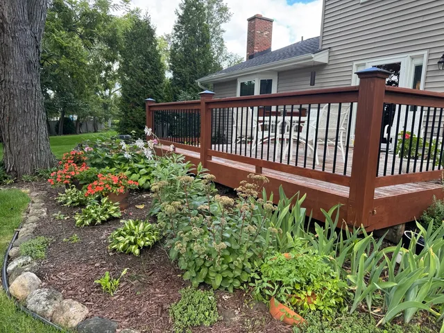 a view of a garden with a flower garden