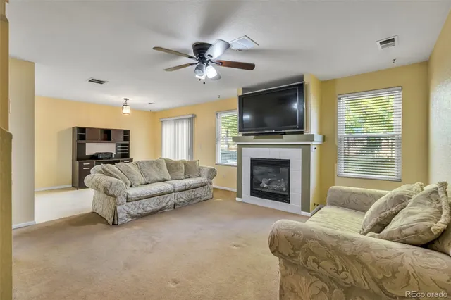 a living room with furniture a flat screen tv and a fireplace